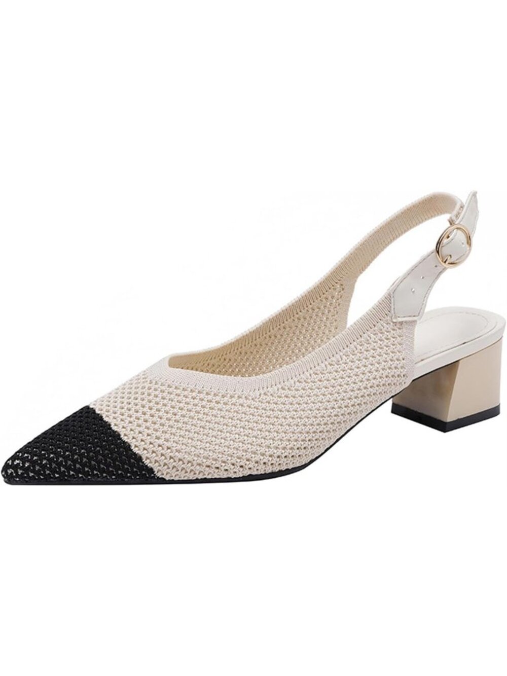 Women's Apricot Slingback Block Heel Pumps Ladies Pointed Toe Weave Sandals